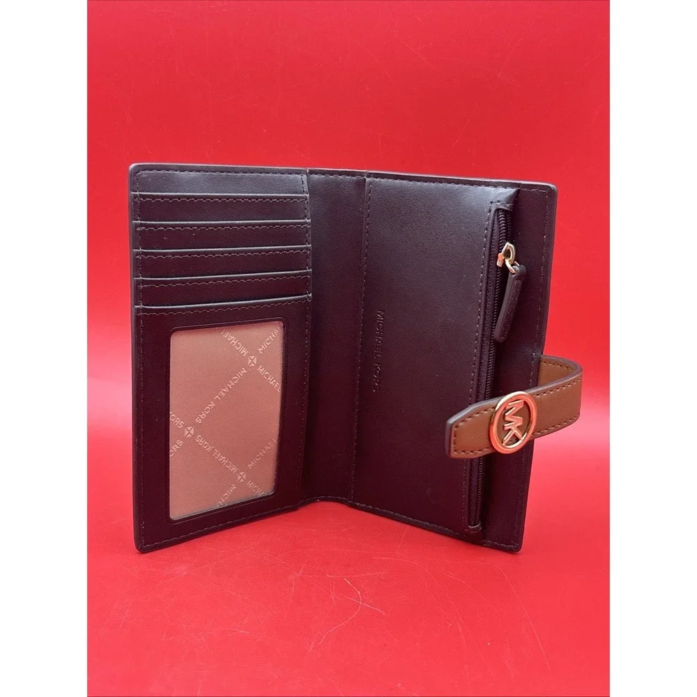 Michael Kors Greenwich Women Medium Signature MK Logo Bifold CZ Wallet Brown